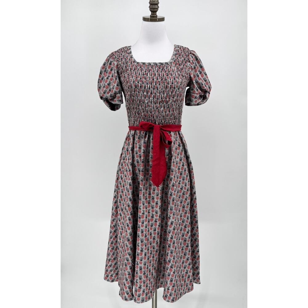 Anthropologie Porridge Red Floral Smocked Puff Sleeve Midi Fit Flare Dress